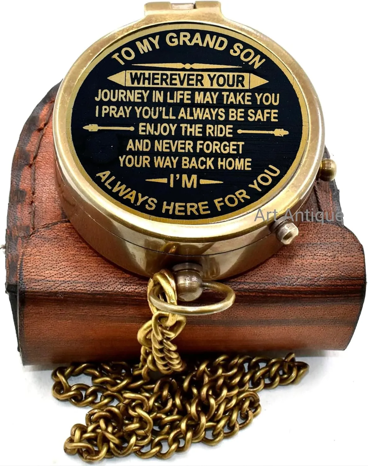 Brass Compass with Inspirational Grandson Message, Vintage Chain, Antique Style