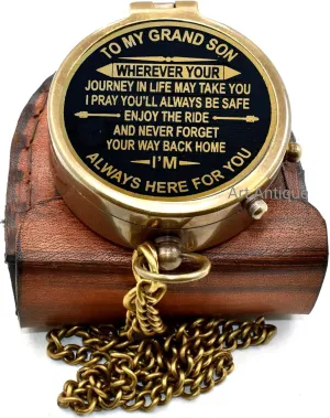 Brass Compass with Inspirational Grandson Message, Vintage Chain, Antique Style