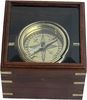Brass Gimballed Compass in Wooden Box – Antique Nautical Decor & Functional Navigation Tool, 12 x 12 x 9 cm