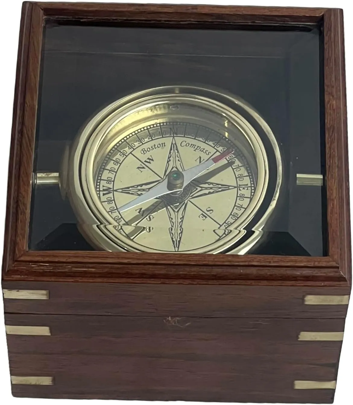 Brass Gimballed Compass in Wooden Box – Antique Nautical Decor & Functional Navigation Tool, 12 x 12 x 9 cm