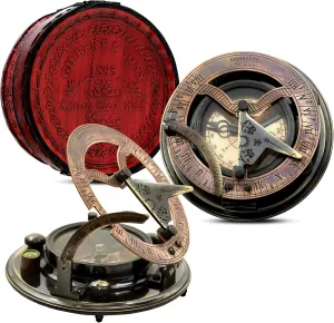 Brass Sundial Gilbert Compass with Leather Case – Vintage Nautical Pocket Sundial Gift for Graduation, Father's Day, & Retirement Gifts for Mens, Boys, Fathers (Antique, Medium)