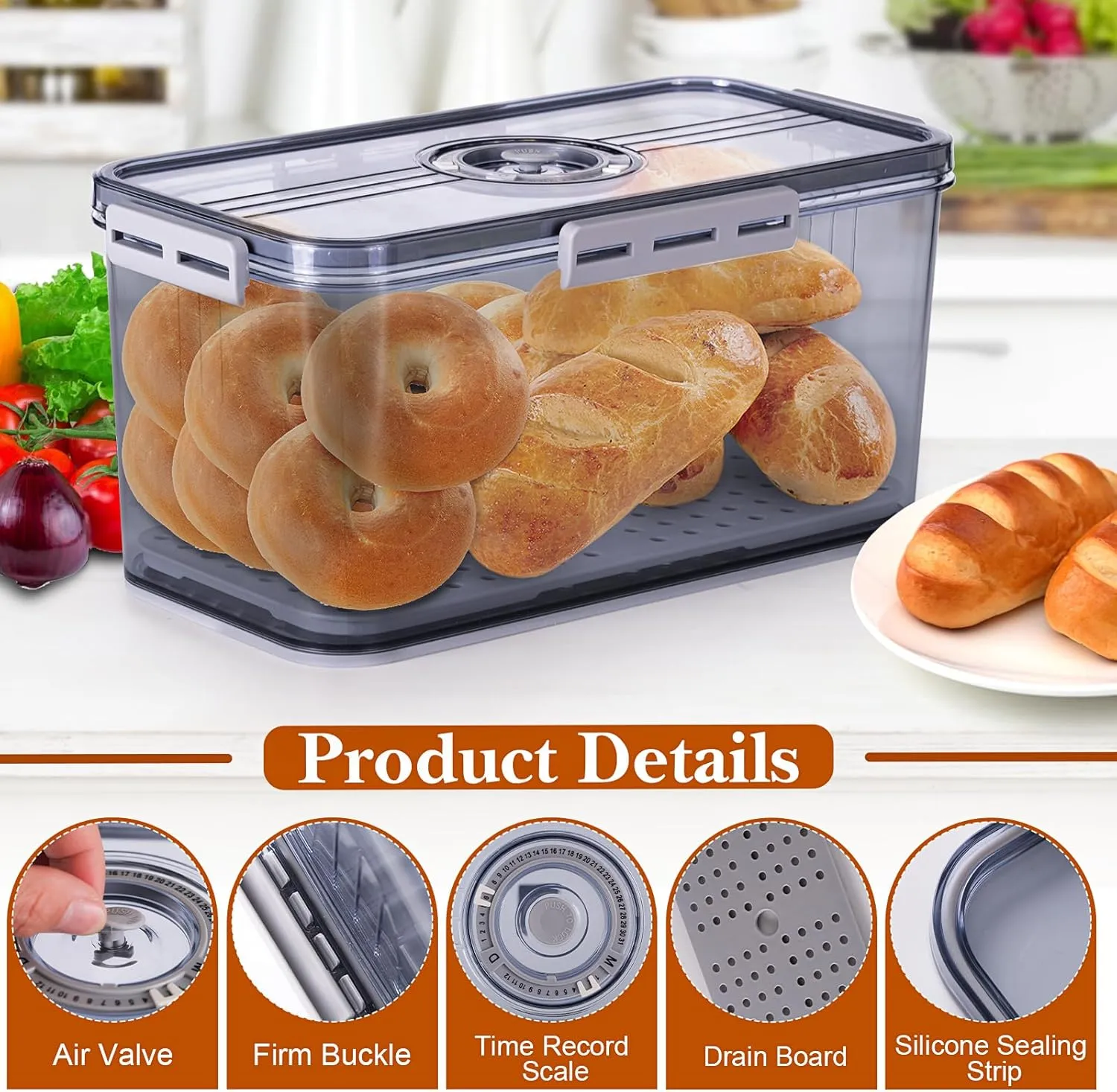 Bread Box for Homemade Bread Boxes for Kitchen Counter Airtight, Time Recording Bread Storage Container with Lid, Bread Containers Storage Airtight Loaf Bread Keeper, Large