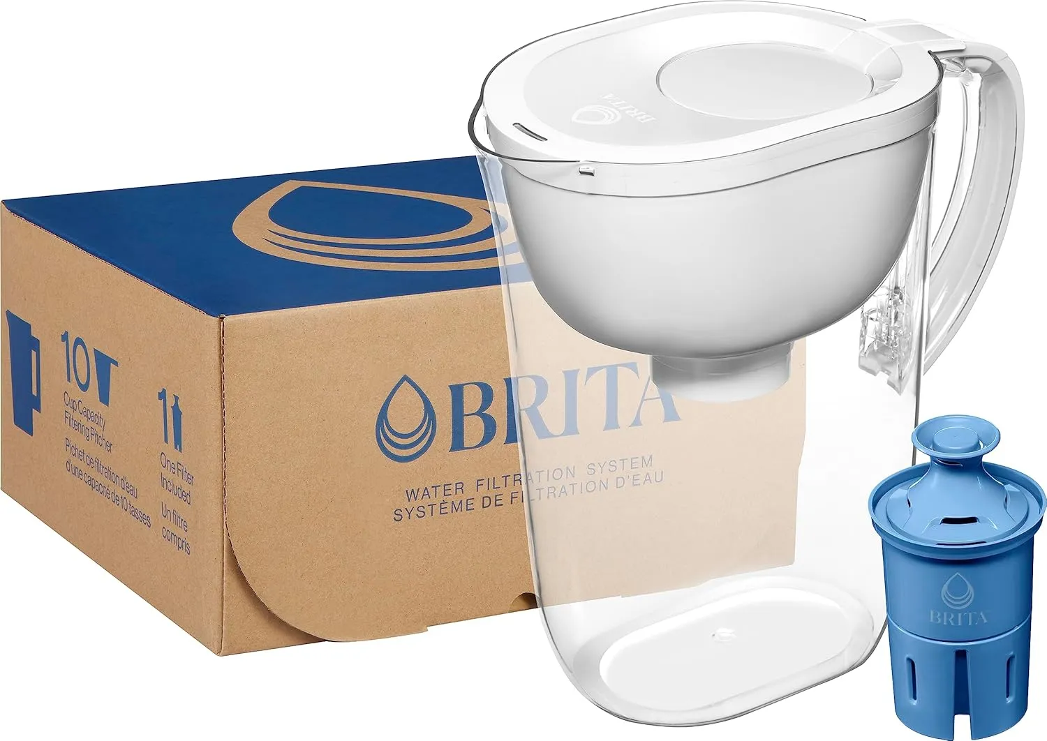 Brita Large Water Filter Pitcher for Tap and Drinking Water   2 Elite Filters, Reduces 99% Of Lead, Lasts 6 Months, 10-Cup Capacity, Christmas Gift for Men and Women, White