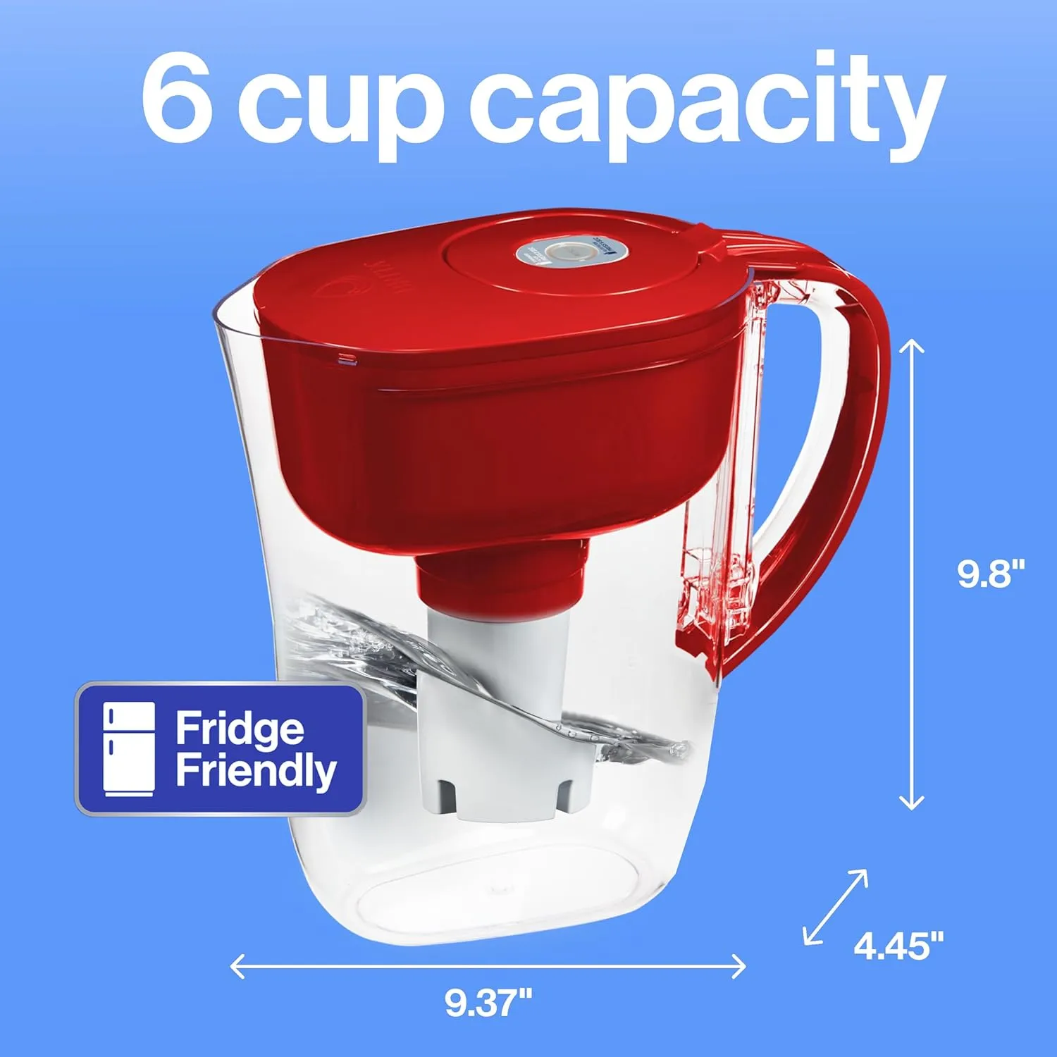 Brita Water Filter Pitcher for Tap and Drinking Water with 1 Standard Filter, Lasts 2 Months, 6-Cup Capacity, BPA Free, Red