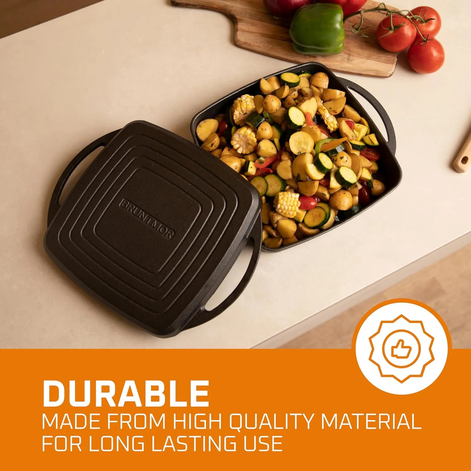 Bruntmor 2-in-1 Pre-Seasoned Cast Iron Dutch Oven and Grill Pan with Dual Handles - 11-Inch Non Stick Square Casserole Dish with Lid - Cast Iron Cookware for Braising, Crock Pot and Oven Safe Skillet