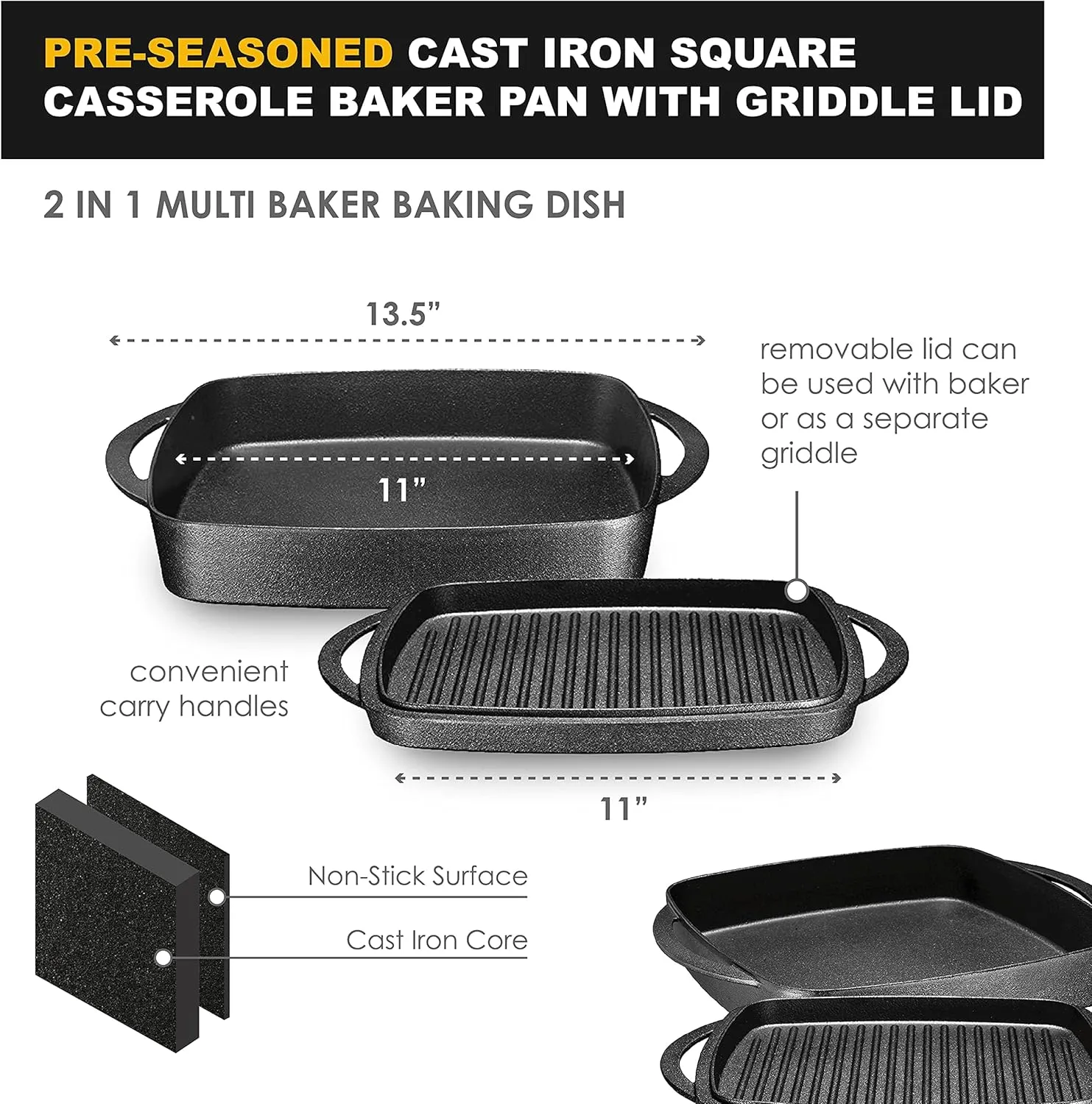 Bruntmor 2-in-1 Pre-Seasoned Cast Iron Dutch Oven and Grill Pan with Dual Handles - 11-Inch Non Stick Square Casserole Dish with Lid - Cast Iron Cookware for Braising, Crock Pot and Oven Safe Skillet