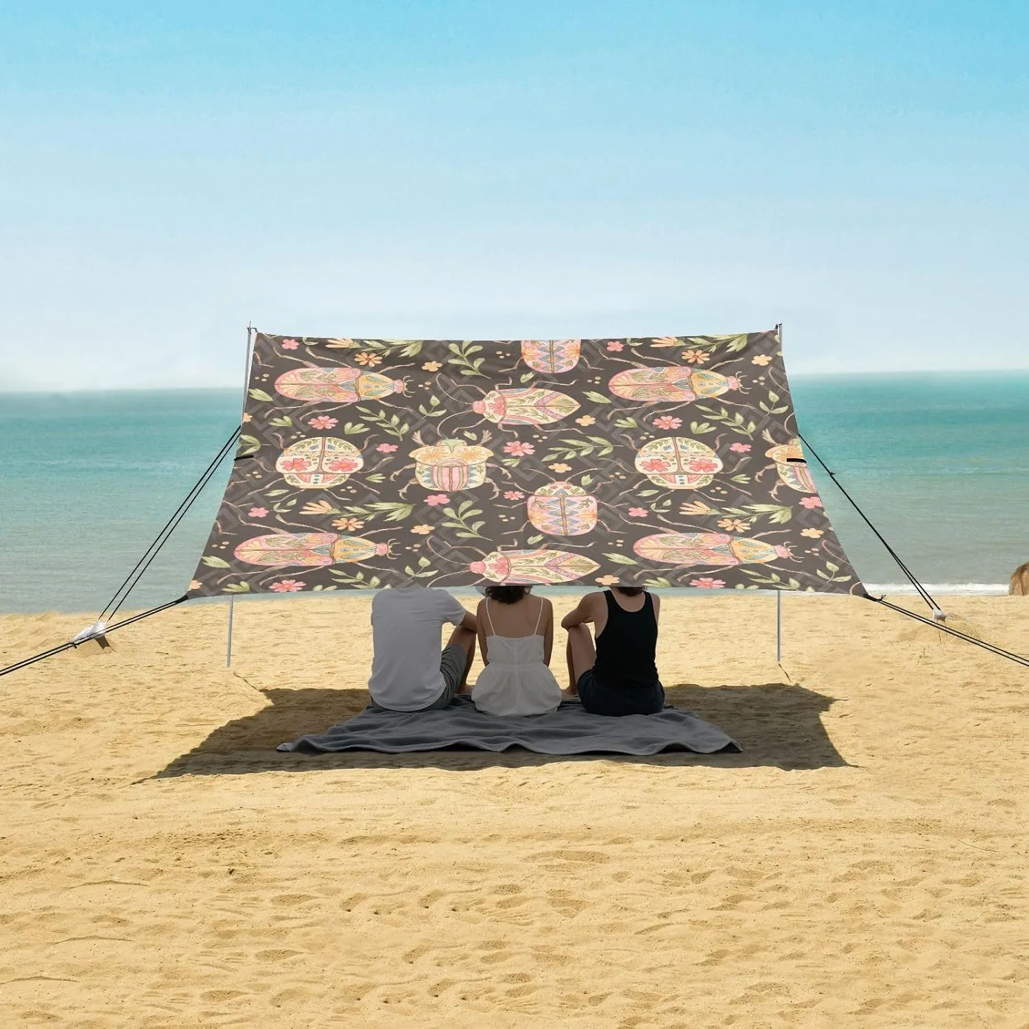 Bugs with Floral Beach Canopy Tent Anti-UV & Wind Resistant, Watercolor Camping Sun Shelter Easy Setup Portable,Outdoor Shade Tents with Sandbags,Sand Shovels,Ground Pegs & Stability Poles