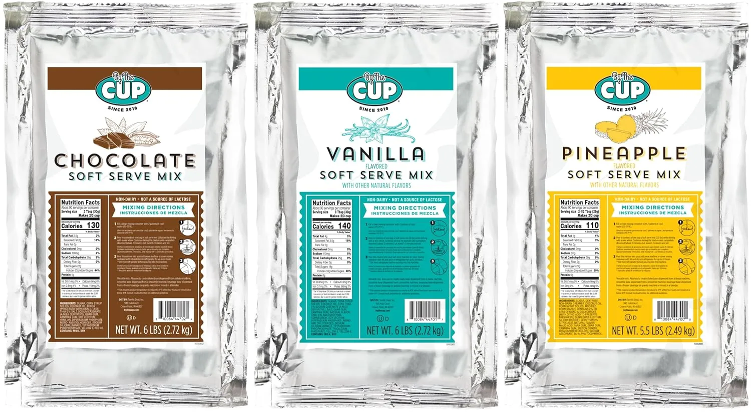 By The Cup Non-Dairy Soft Serve Mix Variety, 1 of each Flavor: 6 lb Bag Chocolate and Vanilla, 5.5 lb Pineapple, Gluten Free
