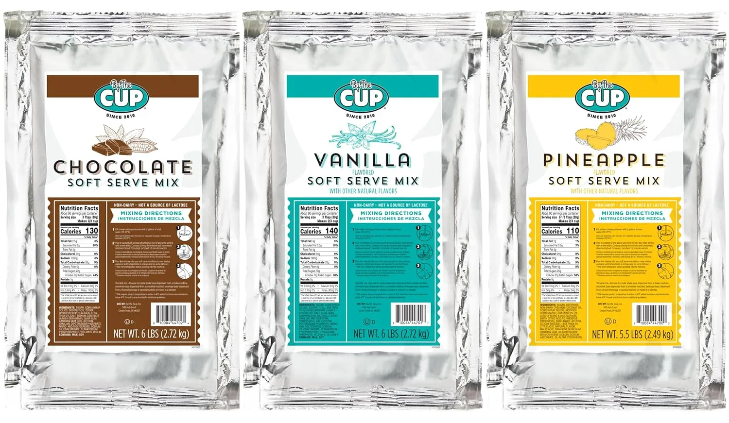 By The Cup Non-Dairy Soft Serve Mix Variety, 1 of each Flavor: 6 lb Bag Chocolate and Vanilla, 5.5 lb Pineapple, Gluten Free