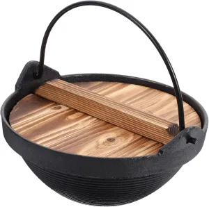 Cabilock 1Set Style Cast Iron Soup Pot Non Stick Hot Pot with Wooden Lid for Camping Outdoor Picnic Cooking and Individual Serving