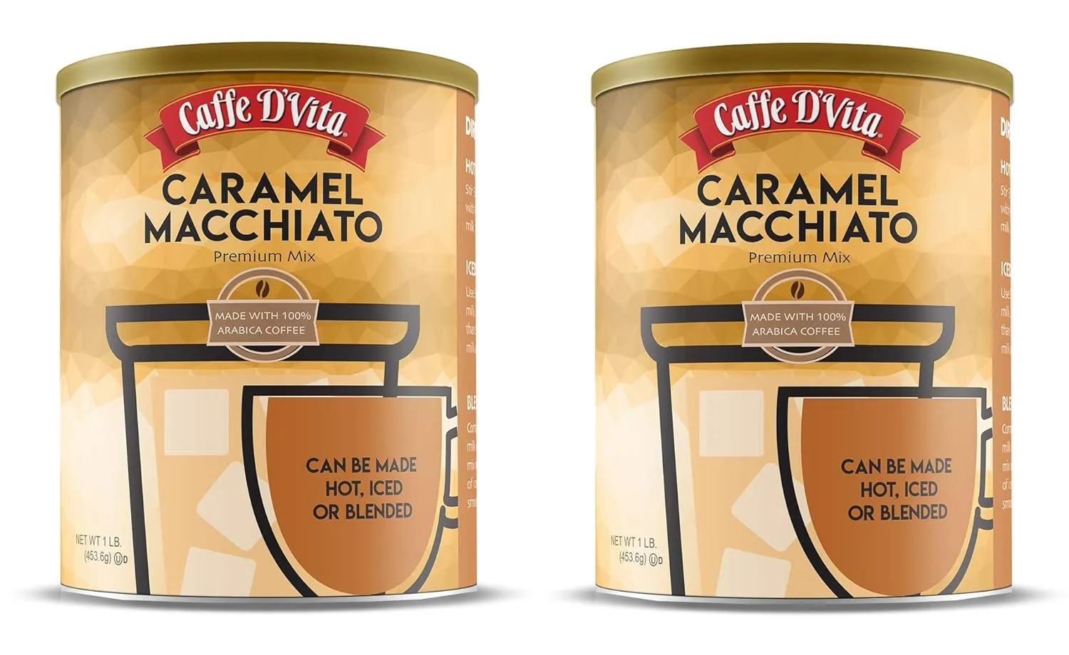 Caffe D'Vita Caramel Macchiato - Coffee Caramel Macchiato, Caramel Instant Coffee, Latte Mix, Gluten Free, No Cholesterol, No Hydrogenated Oils, Kosher-Dairy, Caramel Macchiato Coffee - 1 Lb Can, 2-Pack