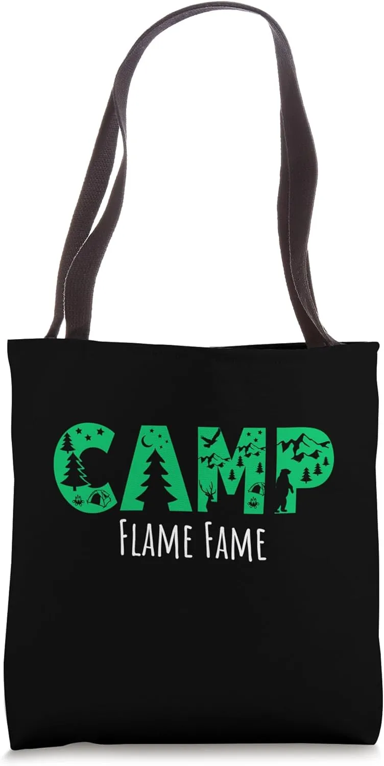 Camp Flame Fame Camping Pun Tote Bag