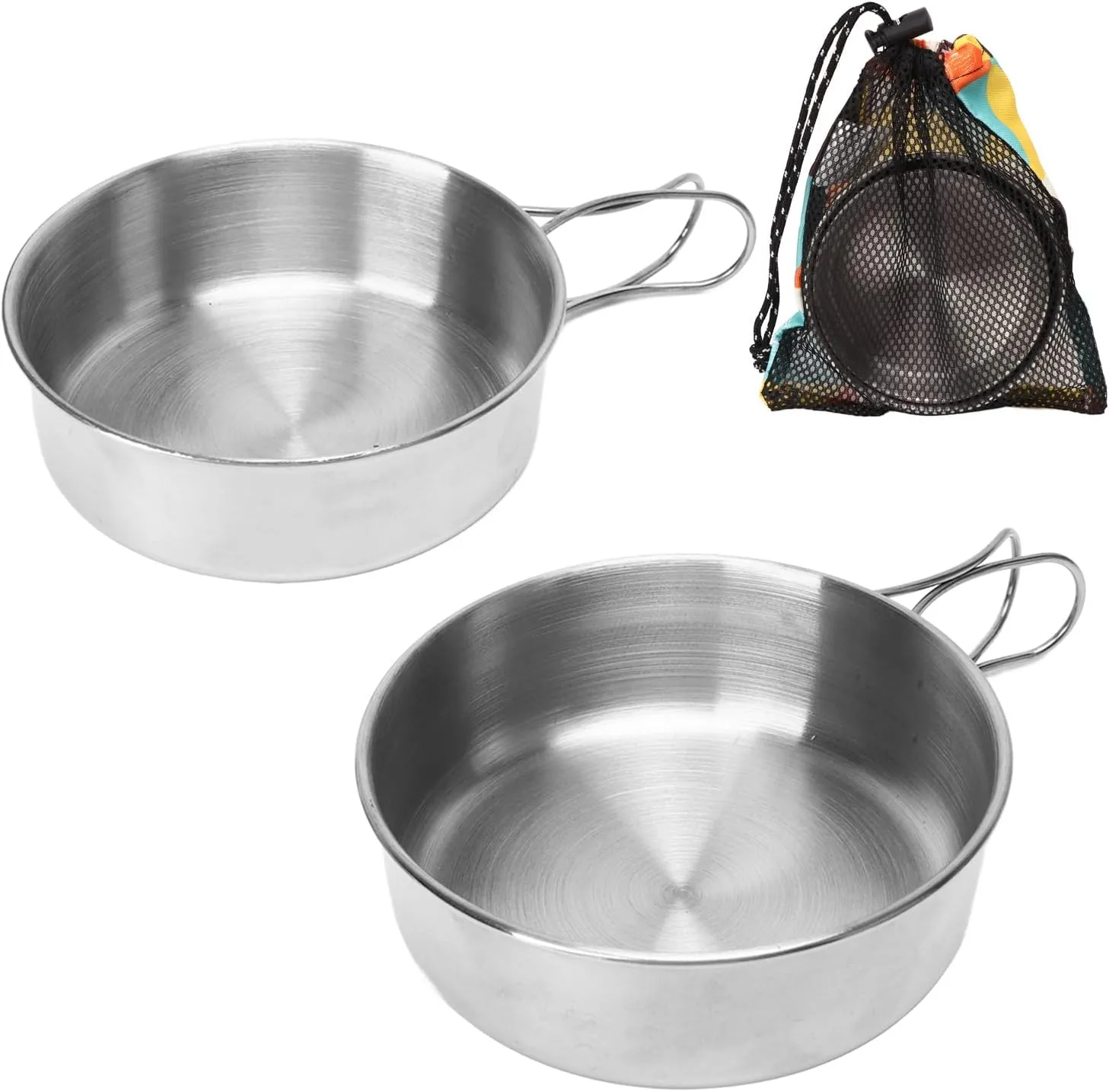 Camping Bowl with Foldable Handle, 2PCS Stainless Steel Stackable Portable Mini Bowl Flatware Tableware with Storage Bag for Camping Picnic Hiking
