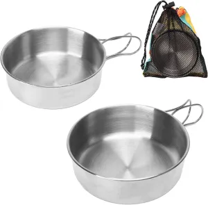 Camping Bowl with Foldable Handle, 2PCS Stainless Steel Stackable Portable Mini Bowl Flatware Tableware with Storage Bag for Camping Picnic Hiking