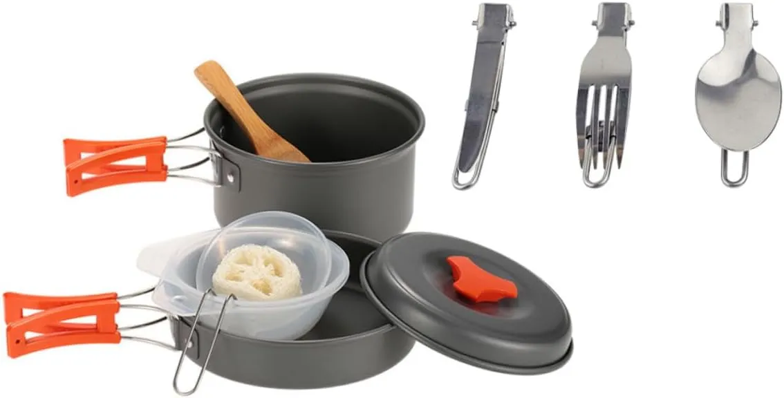 Camping Cooking Set Portable Plate Camping 1 Set Picnic Cookware Kit Portable Outdoor Cooking Tool for 1-2 People