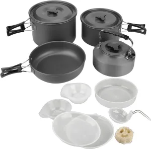 Camping Cookware Kit, Pots, Teapot, Fry Pan, Saucer Plate, Bowl, Soup Spoon, Portable Compact Set for Outdoor Traveling Hiking Backpacking