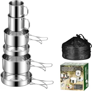 Camping Cookware Set 6PCS - Lightweight Stainless Steel Pots and Pans for Camping, Backpacking & Hiking - Portable Stackable Outdoor Cooking Kit with Plates, Mugs - Mess Kit for Picnic
