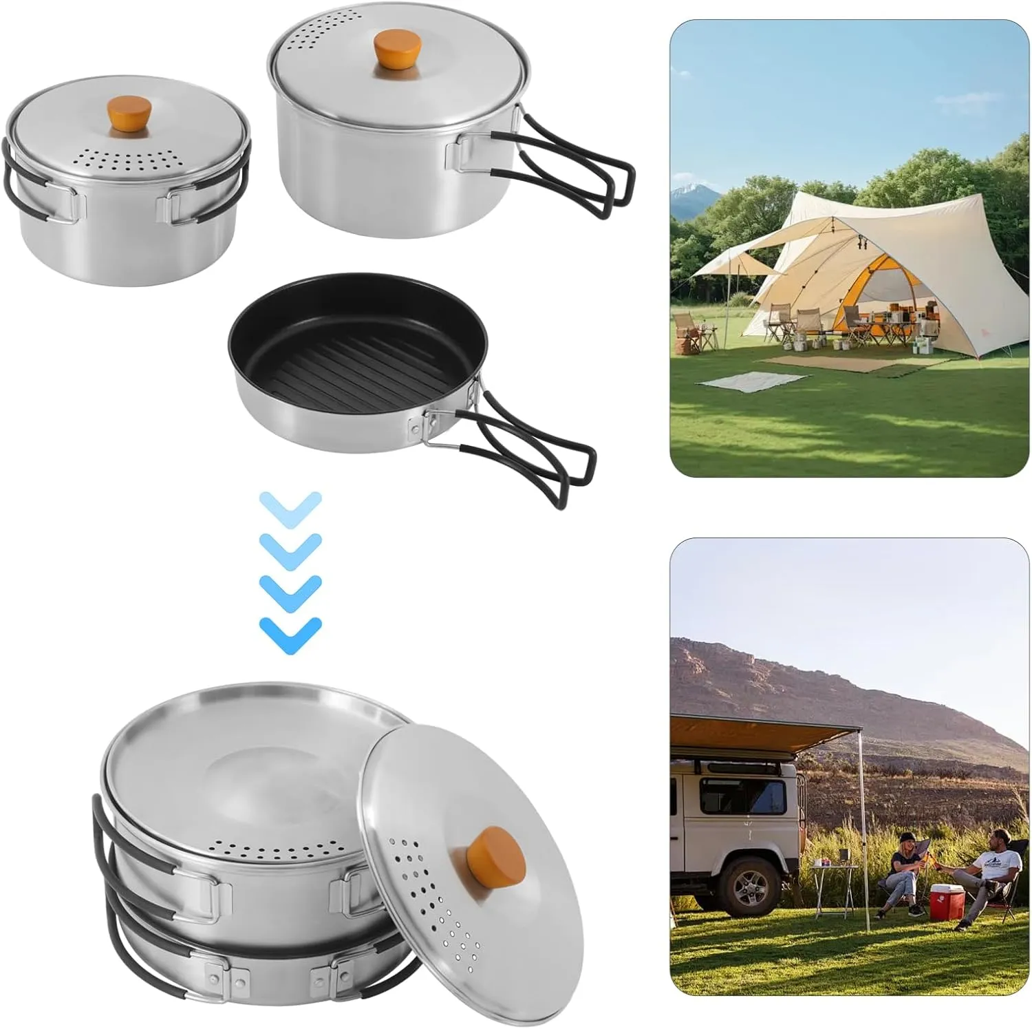 Camping Cookware Set Portable Camping Cooking Set 304 Stainless Steel Camping Pots and Pans Set Campfire Cooking Equipment with Storage Bag for Outdoor Camping Hiking Picnic for 2-3