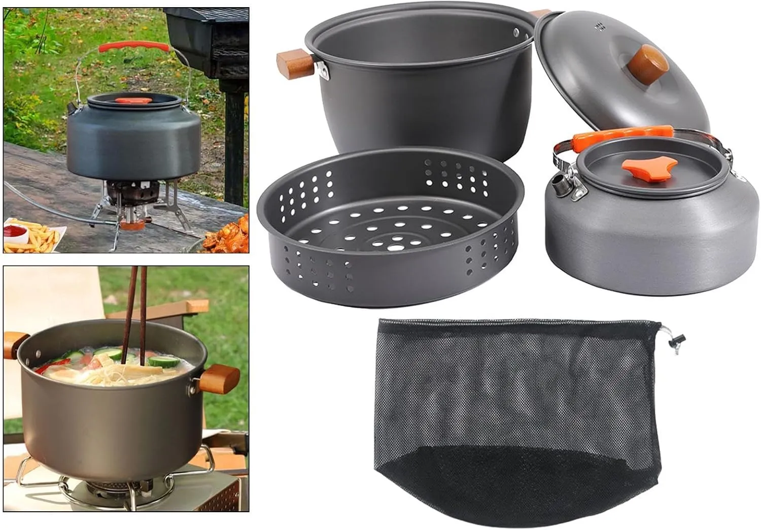 Camping Cookware Steaming Pot Portable Supplies with Wooden Handle Utensils Cooking Gear Coffee Pot for Picnic Hiking Camping