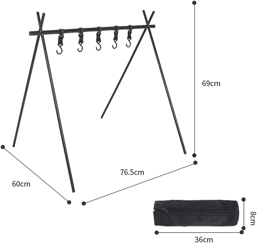 Camping Hanging Rack Folding Portable Tripod Supplies Cookware Multifunction Outdoor Stand Tools with 5Pcs Hooks and Storage Bag for Car Camping BBQ Party Tenting Travel