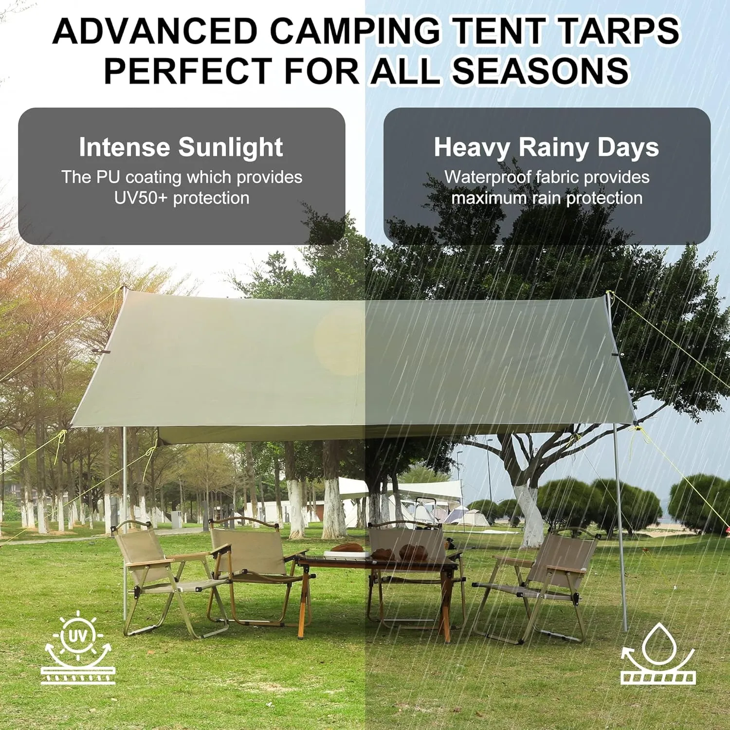 Camping Tarp, 10X9FT Hammock Tent - Waterproof and Anti-UV Protection, Portable and Lightweight, Including Tent Stakes and Carry Bag