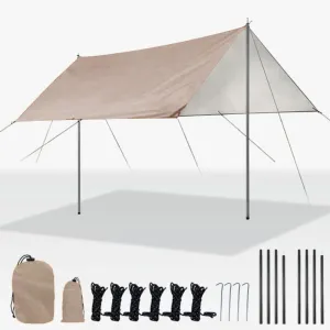 Camping Tarp, Large Camping Tent Tarp Outdoor Waterproof Flame Retardant Hammock Rain Fly Backpacking Tent Tarp Shelter for Hiking Travel Picnic, Lightweight and UV Resistant (Khaki)
