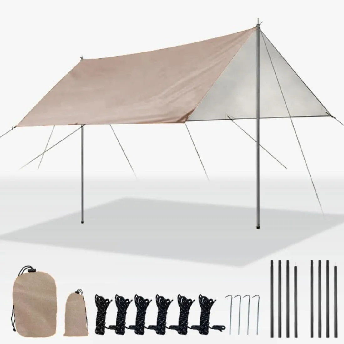 Camping Tarp, Large Camping Tent Tarp Outdoor Waterproof Flame Retardant Hammock Rain Fly Backpacking Tent Tarp Shelter for Hiking Travel Picnic, Lightweight and UV Resistant (Khaki)