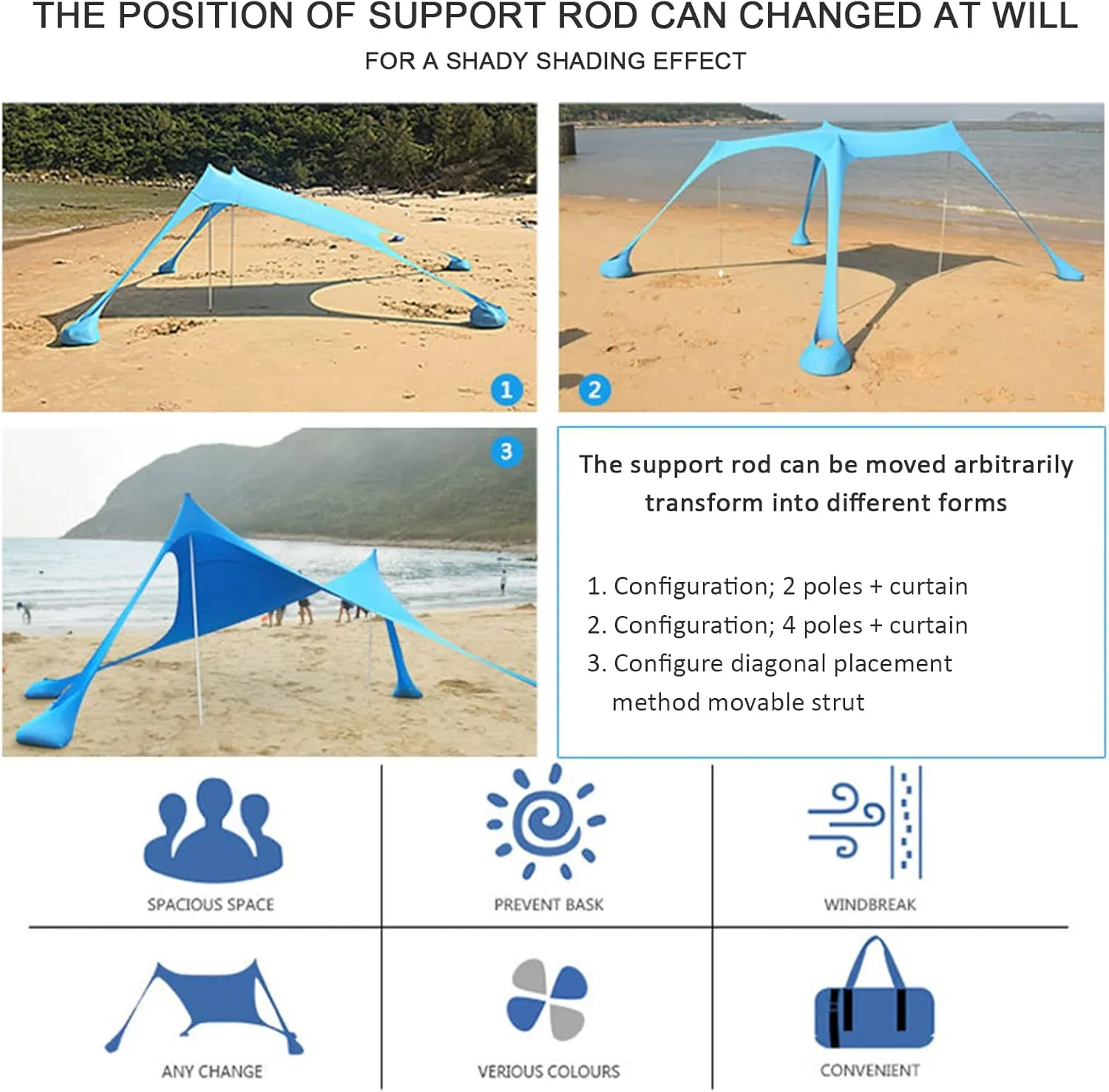 Camping Tarp Sun Shelter, Outdoor Canopy Portable Sunshade, with 2 Aluminum Poles, 4 Pole Anchors, Sand Shovel Carrying Bag, for Hiking Fishing Picnic Travel,Fish Print