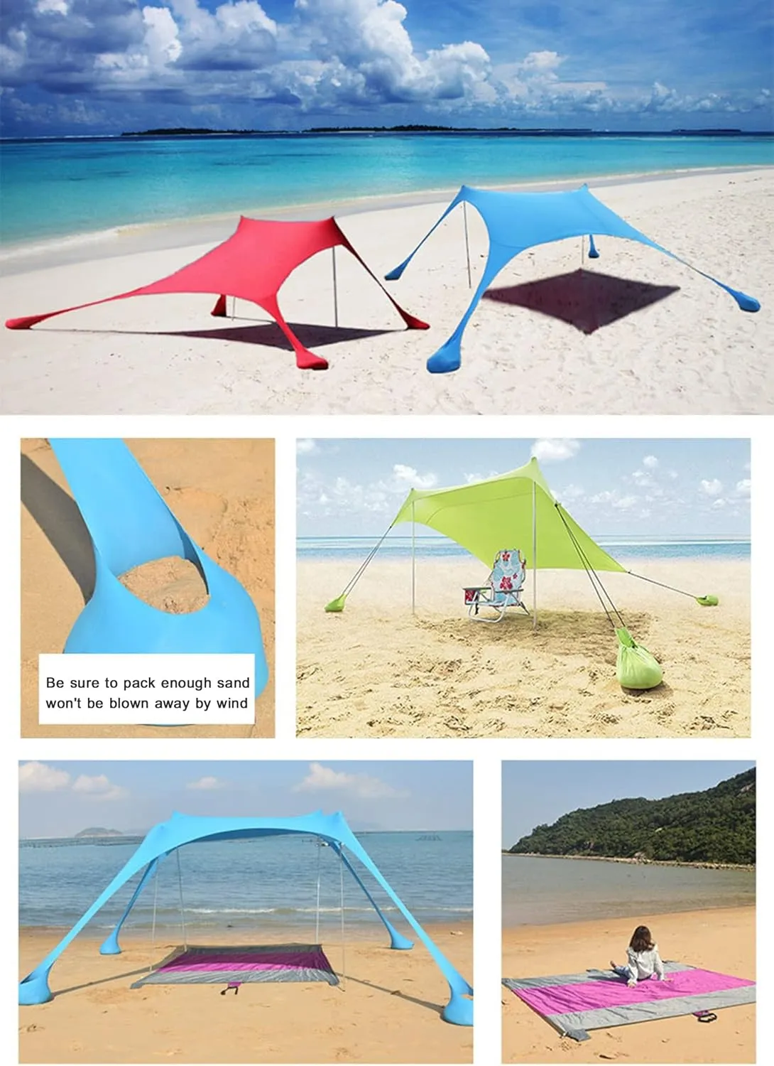 Camping Tarp Sun Shelter, Outdoor Canopy Portable Sunshade, with 2 Aluminum Poles, 4 Pole Anchors, Sand Shovel Carrying Bag, for Hiking Fishing Picnic Travel,Fish Print