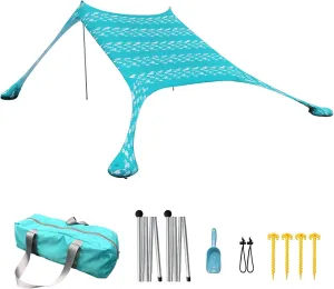Camping Tarp Sun Shelter, Outdoor Canopy Portable Sunshade, with 2 Aluminum Poles, 4 Pole Anchors, Sand Shovel Carrying Bag, for Hiking Fishing Picnic Travel,Fish Print