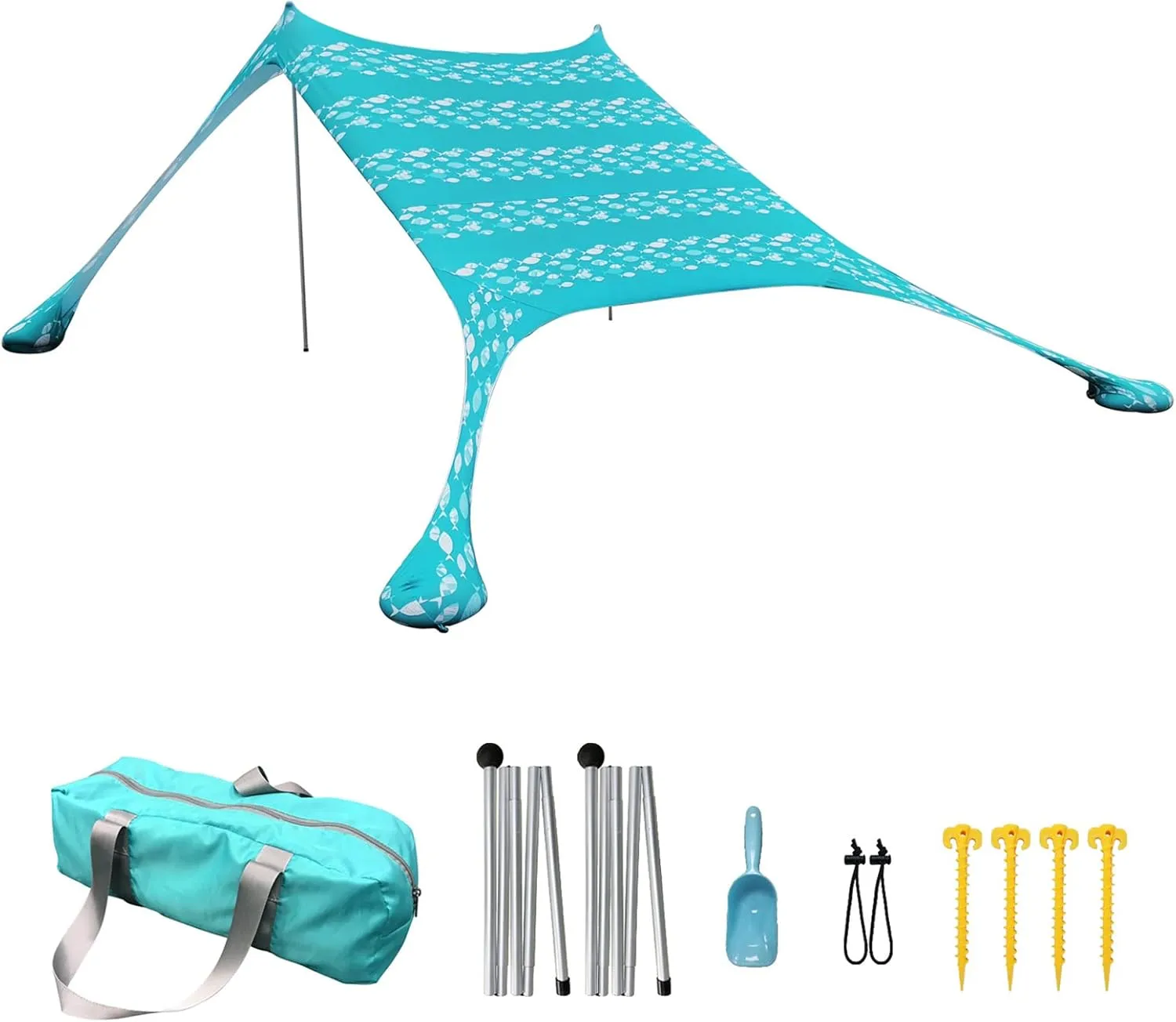 Camping Tarp Sun Shelter, Outdoor Canopy Portable Sunshade, with 2 Aluminum Poles, 4 Pole Anchors, Sand Shovel Carrying Bag, for Hiking Fishing Picnic Travel,Fish Print