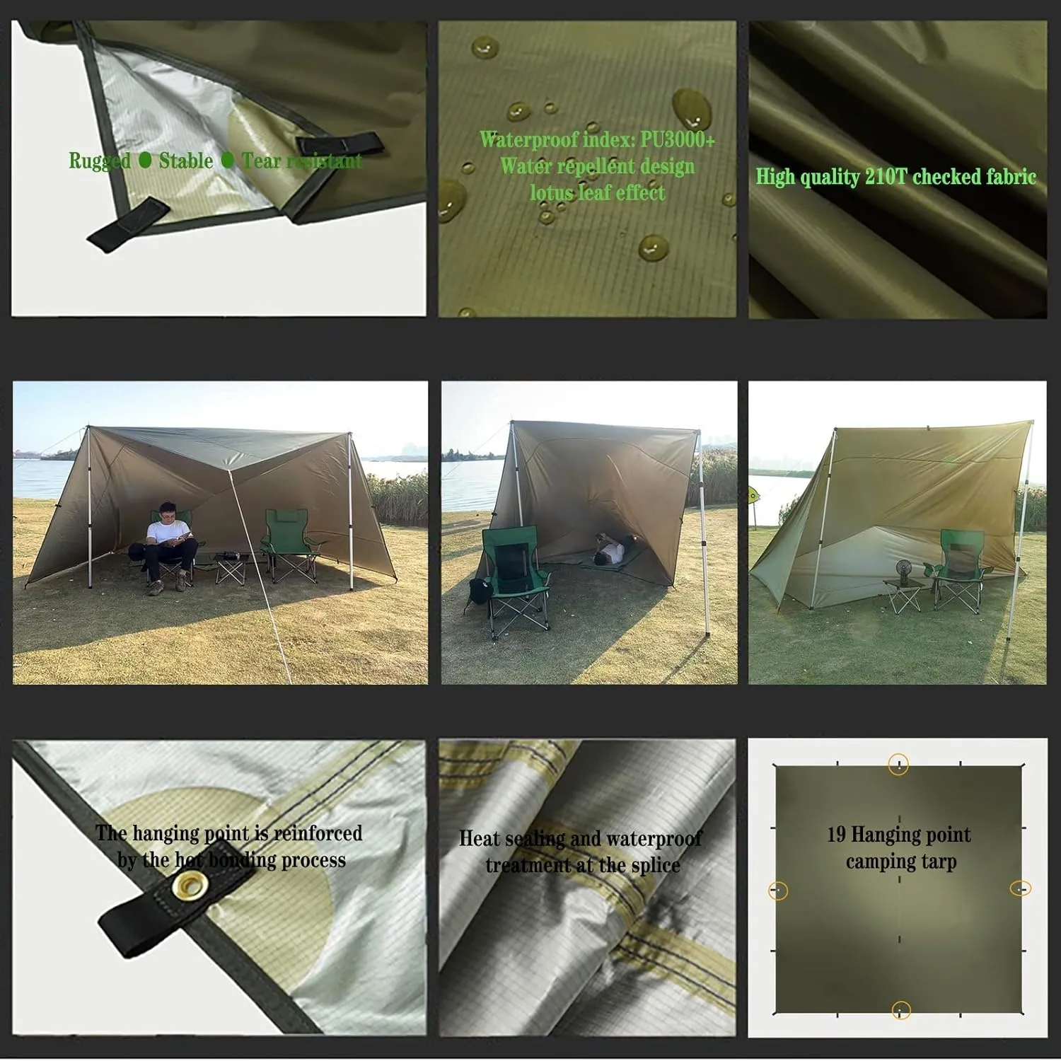 Camping Tarp Waterproof, Portable Hammock Rain Fly, Ultralight Survival Shelter with Silver Coating, for Backpacking Hiking Travel and Outdoor Adventure