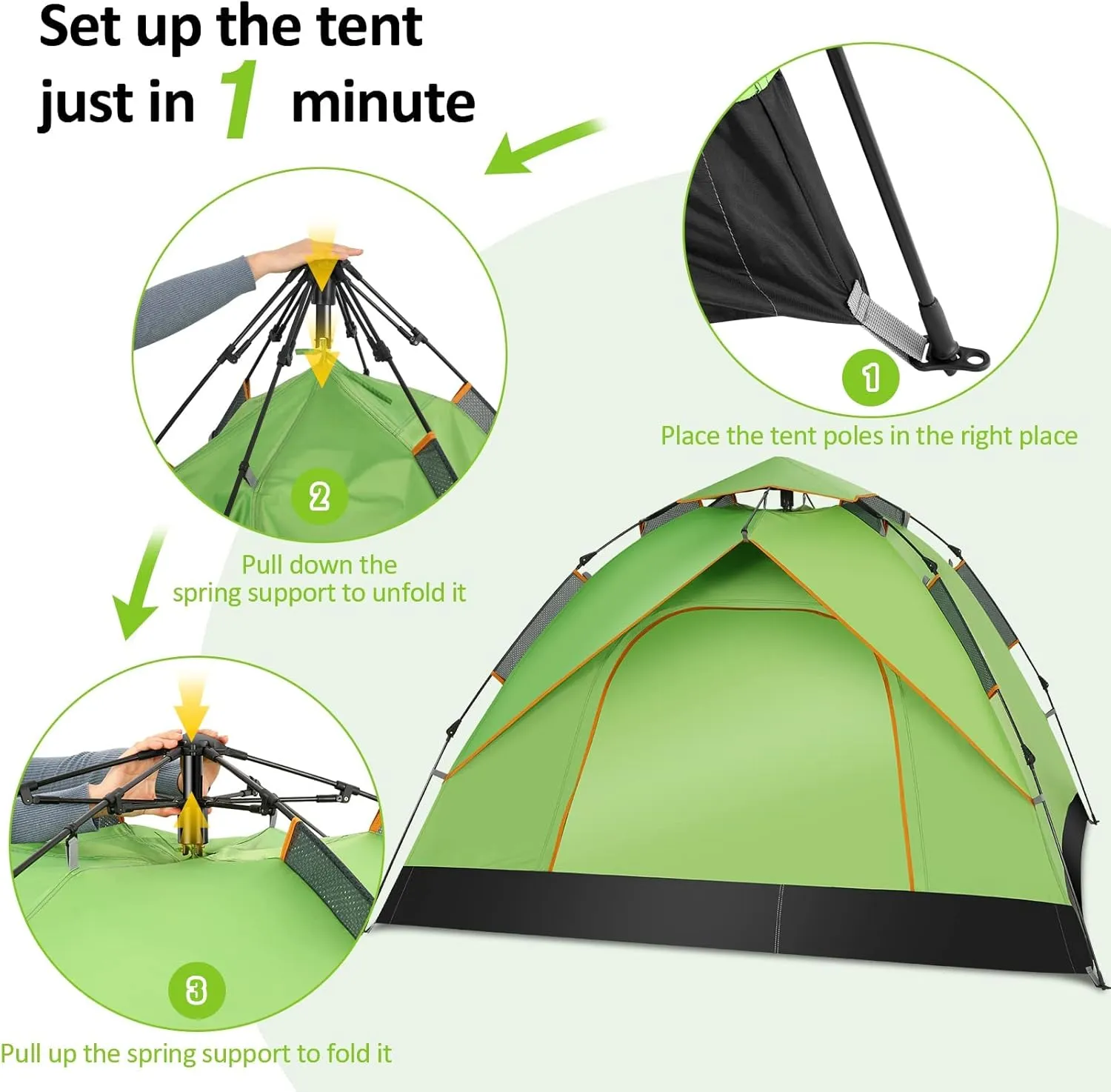 Camping Tents for 3-4 Person Waterproof, Pop Up Instant Family Tent with Windproof Ropes Anti-UV, Ultralight Blackout Lightweight Tent