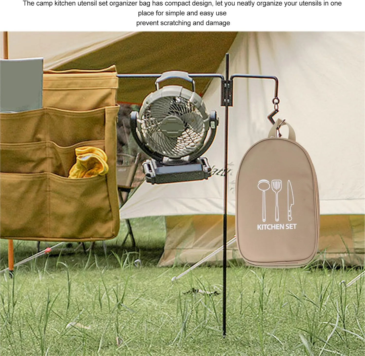 Camping Travel Cooking Utensils Bag, Travel Portable Cookware Pouch Bag with Handle for BBQ Camp Cookware Kitchen Kit(Khaki)