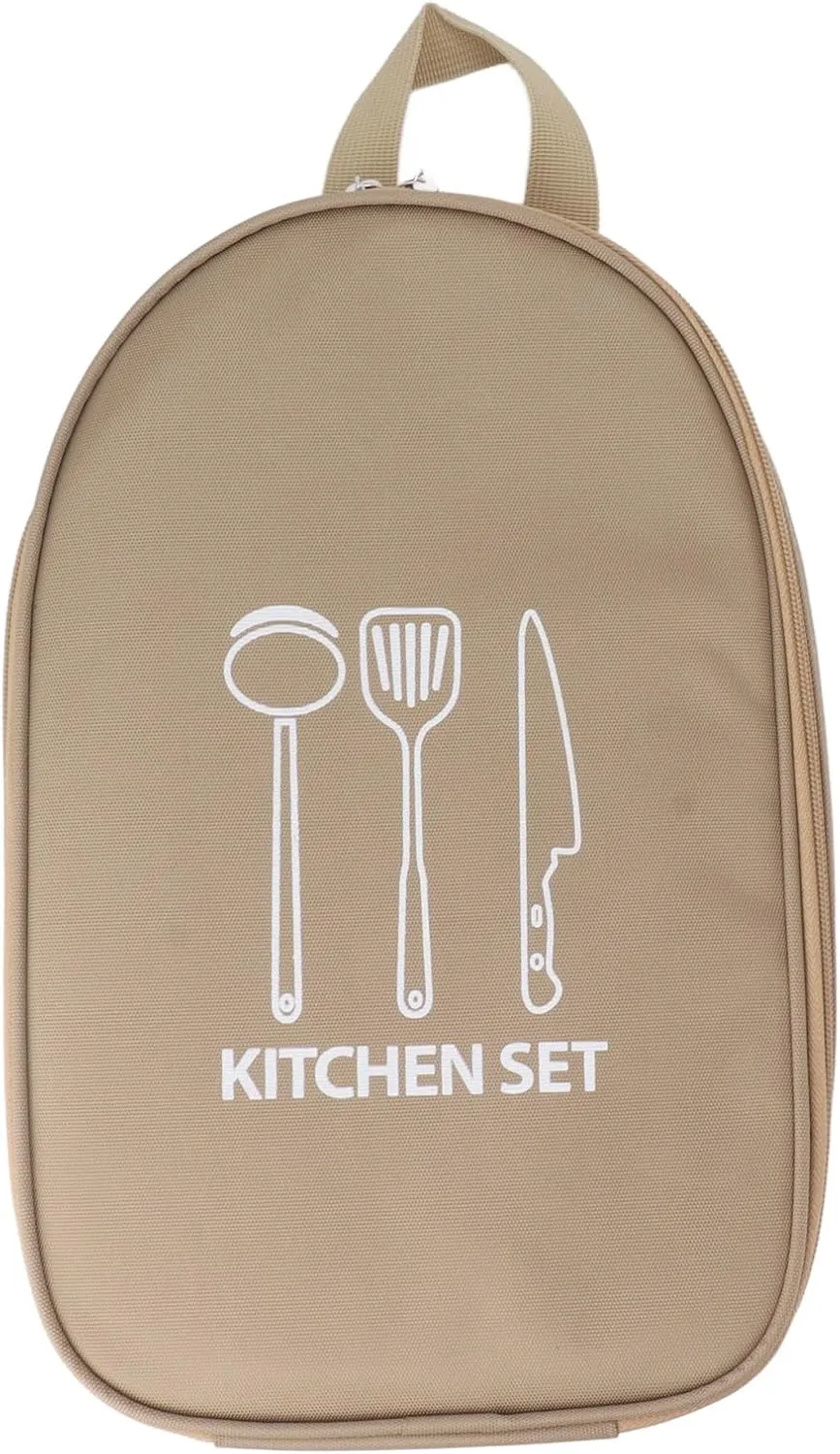 Camping Travel Cooking Utensils Bag, Travel Portable Cookware Pouch Bag with Handle for BBQ Camp Cookware Kitchen Kit(Khaki)