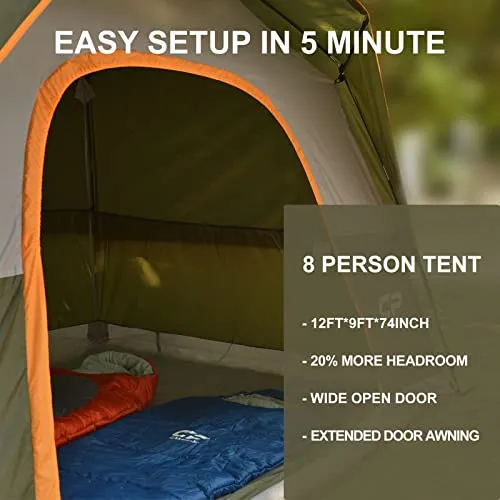 CAMPROS CP Tent 8 Person Camping-Tents, Waterproof Windproof Family Dome Tent with Top Rainfly, Large Mesh Windows, Double Layer, Easy Set Up, Portable with Carry Bag - Olive