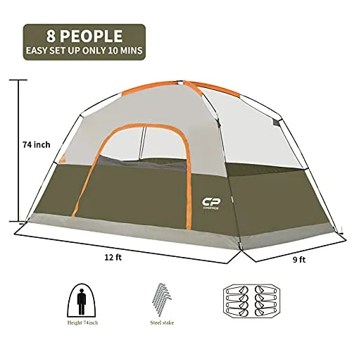 CAMPROS CP Tent 8 Person Camping-Tents, Waterproof Windproof Family Dome Tent with Top Rainfly, Large Mesh Windows, Double Layer, Easy Set Up, Portable with Carry Bag - Olive