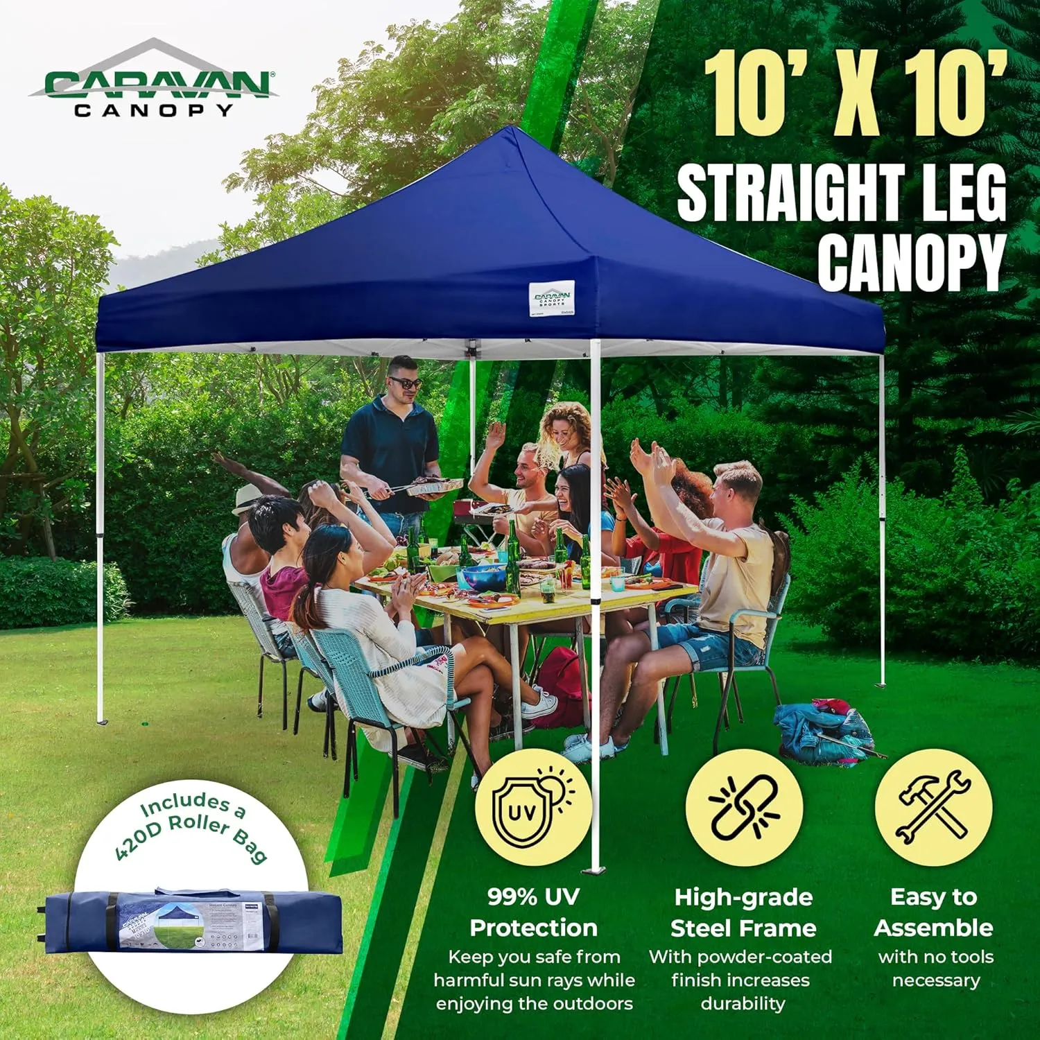Canopy M Series Pro 2 10 x 10 Foot Lightweight Steel Frame Shade Tent with Rising Truss System, Pull Pin Sliders, and Roller Bag, Navy Blue