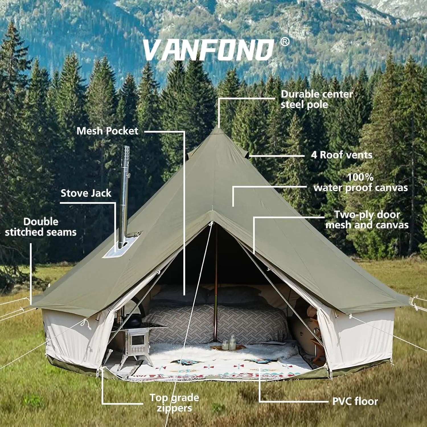 Canvas Bell Tent - 4 Seasons Glamping Yurt with Stove Jack for Family Camping - Waterproof