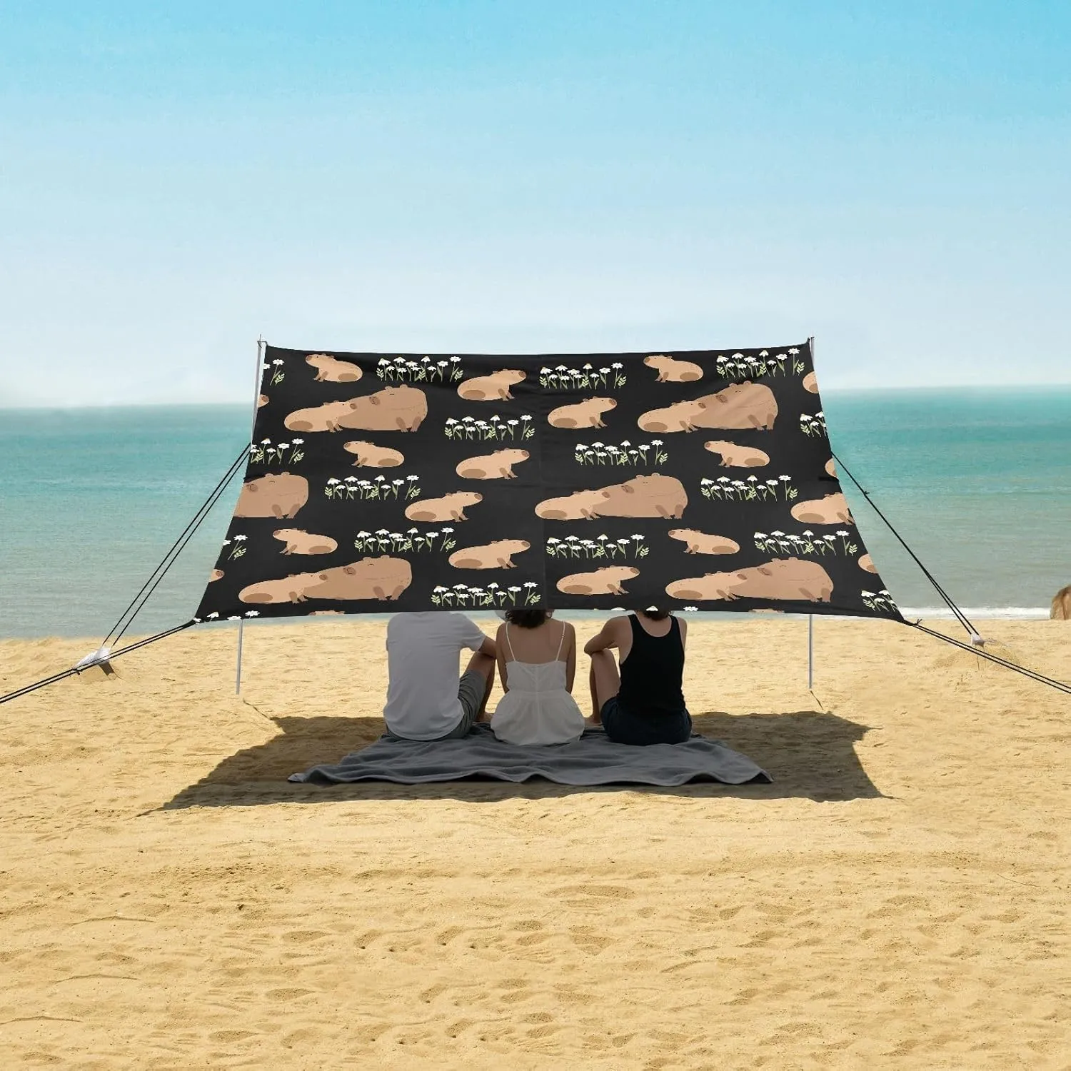 Capybara Beach Canopy Tent Anti-UV & Wind Resistant, Flowers and Leaves Camping Sun Shelter Easy Setup Portable,Outdoor Shade Tents with Sandbags,Sand Shovels,Ground Pegs & Stability Poles