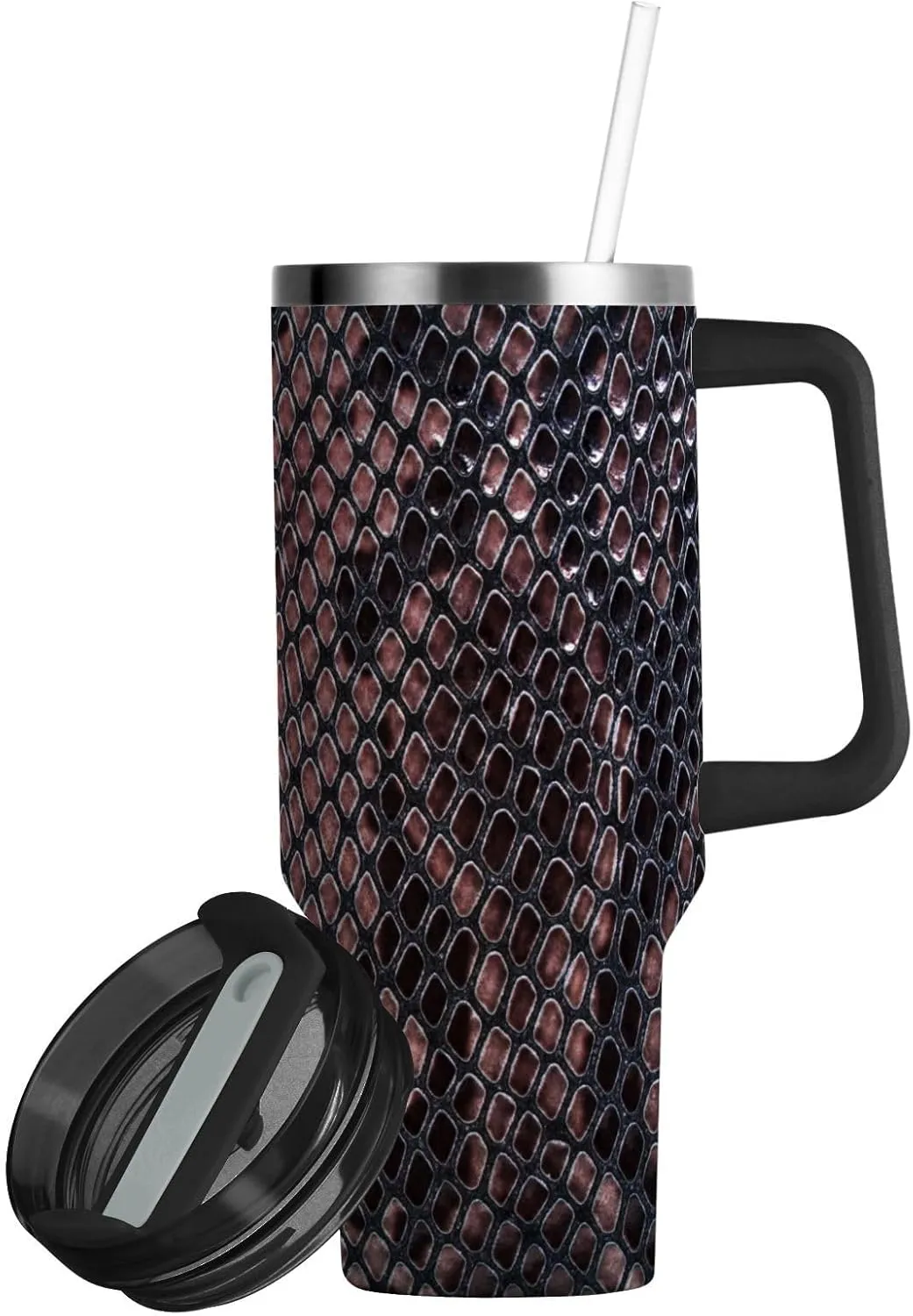 Car Tumbler with Handle Fancy Snakeskin Luxury Brown Travel Mug Coffee Cup Insulated Beverage Container Mega Cup for Hot Cold Drinking Thermos Water Bottle Cupholder Friendly 40 oz