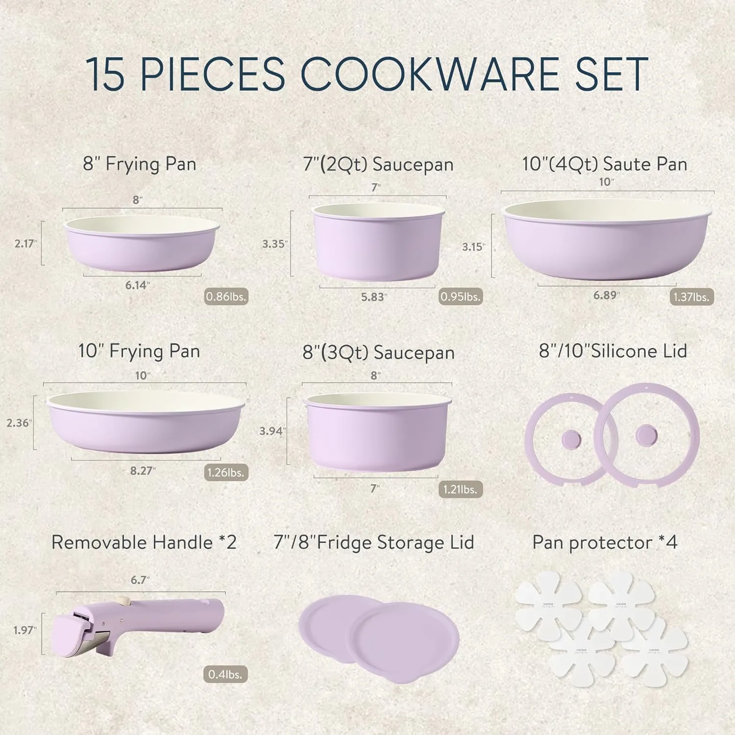 CAROTE Pots and Pans Set Non Stick, Cookware Sets, 15pcs Kitchen Set, Oven/Fridge Safe, Space Saving Pots Set, Nonstick Set with Versatile Removable/Detachable Handle, Induction RV Set, Purple
