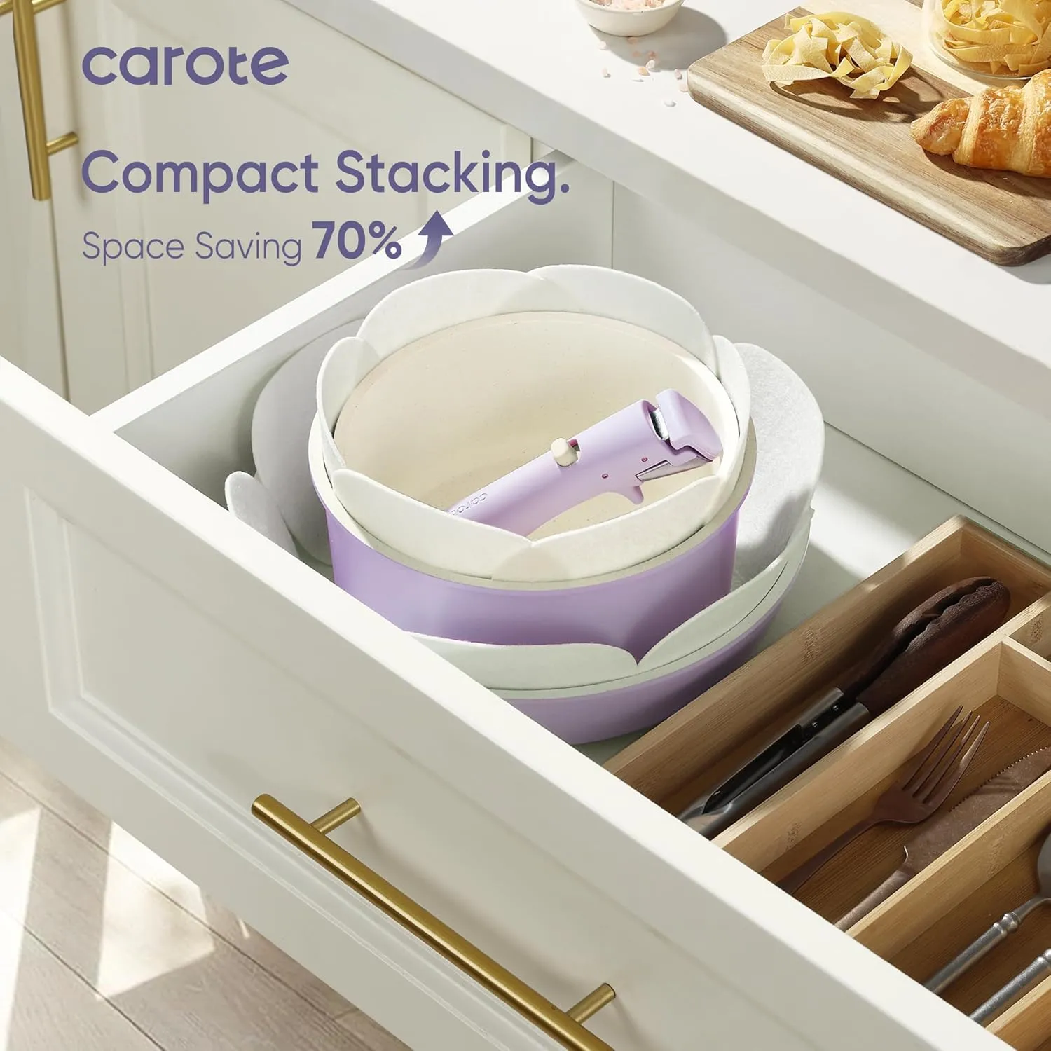 CAROTE Pots and Pans Set Non Stick, Cookware Sets, 15pcs Kitchen Set, Oven/Fridge Safe, Space Saving Pots Set, Nonstick Set with Versatile Removable/Detachable Handle, Induction RV Set, Purple