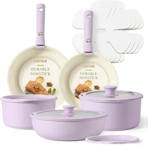 CAROTE Pots and Pans Set Non Stick, Cookware Sets, 15pcs Kitchen Set, Oven/Fridge Safe, Space Saving Pots Set, Nonstick Set with Versatile Removable/Detachable Handle, Induction RV Set, Purple