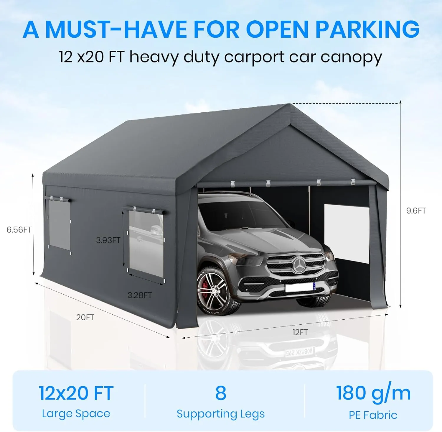 Carport 12x20 Heavy Duty Portable Garage,Carport Canopy with Roll-Up Windows & Doors,Portable Garage and Shelter with Removable Sidewalls,Car Tent Garage with All-Season Tarp for Truck Boat Tractor