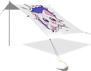 Cartoon Cute White Funny Cat Designed UPF50 Foldable Beach Tent Water-Resistant Outdoor Sun Shade with Sturdy Poles, Sandbags and Shovel for Camping, Fishing, Backyard Fun Beach Parasol