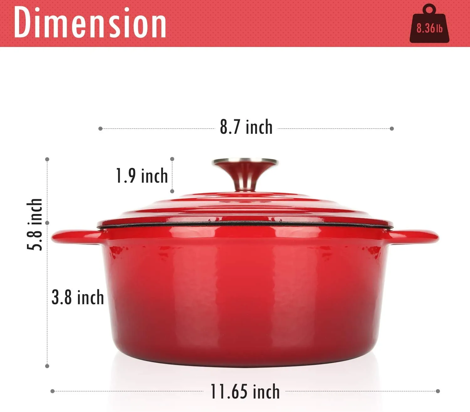 Cast Iron Dutch Oven,3 QT Dutch Oven Pot with lid Heavy Duty Dutch Ovens Enameled Cast Iron Pot Dual Handles Cookware for Baking Bread,Braiser,Soup,Meat, Ideal for Family, Cerise