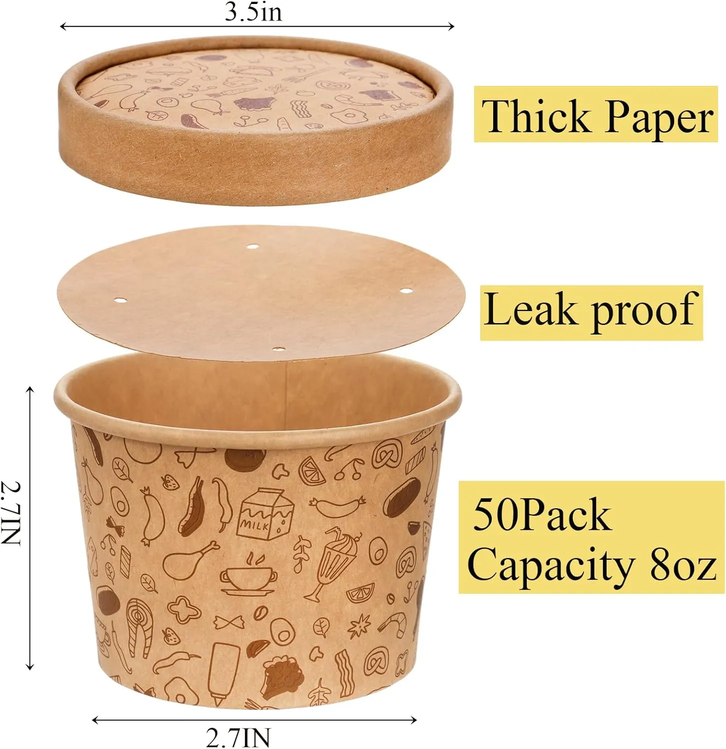 Cedilis 50 Pack Paper Containers with Lids, To Go Paper Soup Container, Disposable Kraft Food Cup for Hot or Cold Soup, Ice Cream, Yogurt (8oz)