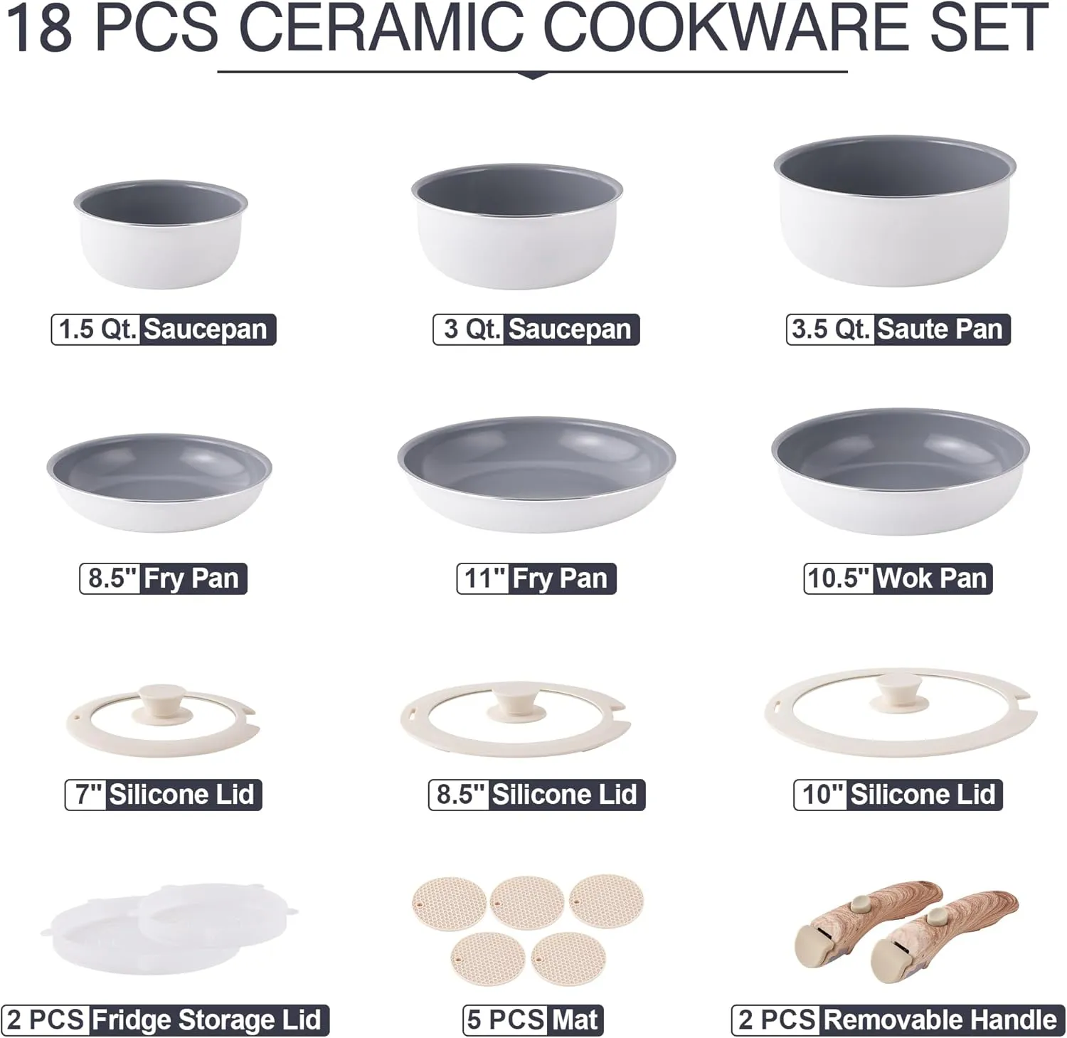 Ceramic Pots and Pans Set Nonstick - 18 PCS Kitchen Cookware Sets Detachable Handle Pot and Pan Set Removable Handle Camping Cooking Set, Oven Safe Non Toxic Frying Pans for Cooking Pot Set Gift