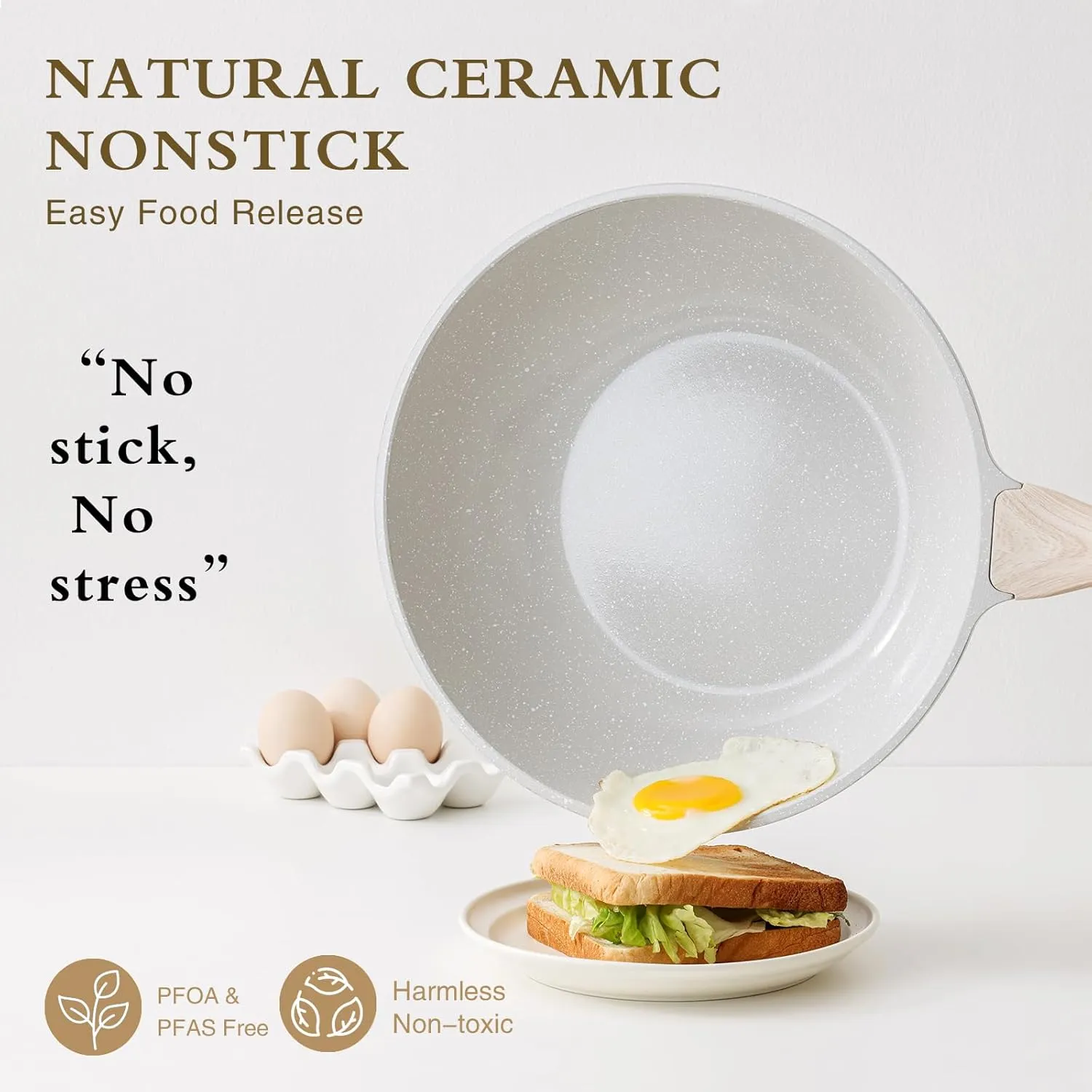 Ceramic Wok Pan, 12 Inch Nonstick Wok with Lid, Healthy Non Toxic Woks & Stir-fry Pans for Cooking, Induction Cookware, PFOA & PFAS Free